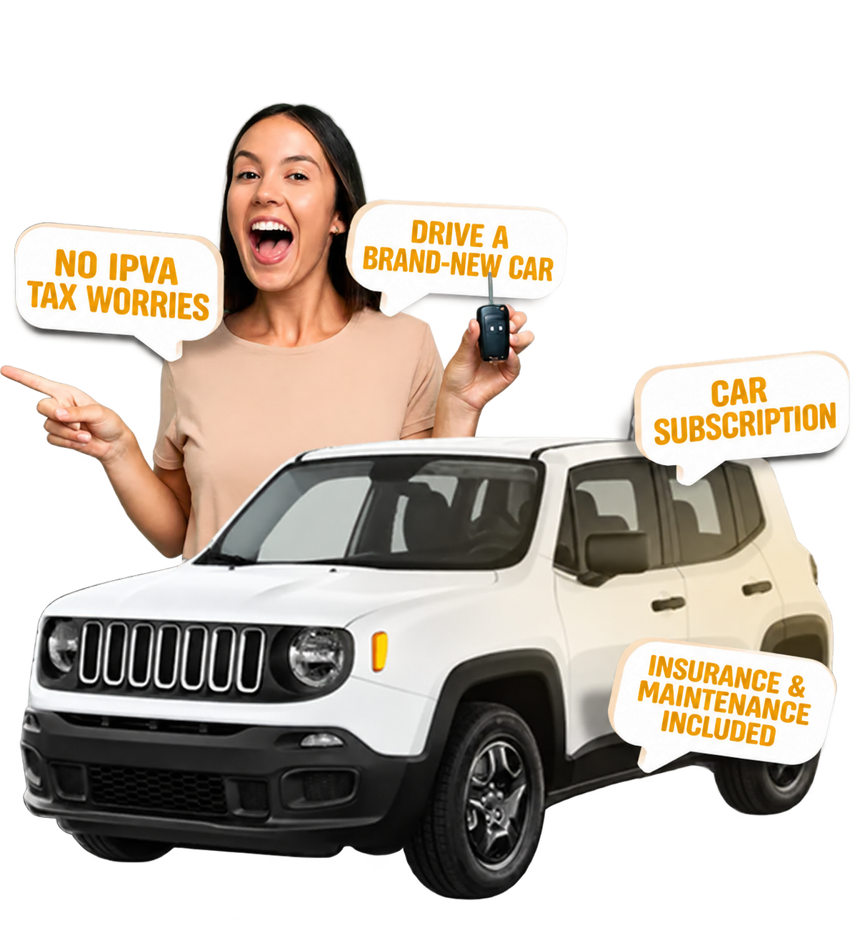 Car subscription illustration: driver with keys and a white SUV